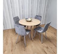 Kosy Koala Round Oak Effect Kitchen Dining Table With 4 Grey Velvet Tufted Chairs Dining Set Multi