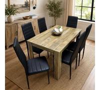 Kosy Koala Rustic Effect Dining Table Set With 6 Black Faux Leather Chairs Dining Room Furniture Set
