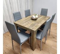 Kosy Koala Rustic Effect Dining Table With 6 Grey Leather Chairs Kitchen Dining Set Of 6