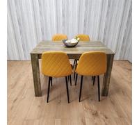 Kosy Koala Rustic Effect Wooden Dining Table Set With 4 Mustard Gem Pattern Chairs Dining Room Furniture