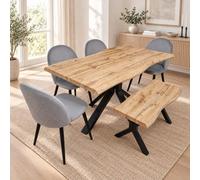 Kosy Koala Rustic Wood-Effect Wavy Dining Table Set With 4 Grey Velvet Chairs & Bench, 117X77X75Cm