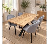 Kosy Koala Rustic Wood-Effect Wavy X-Shaped Legs Dining Table Set With 4 Grey Velvet Chairs