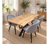 Kosy Koala Rustic Wood-Effect Wavy X-Shaped Legs Dining Table Set With 4 Grey Velvet Chairs