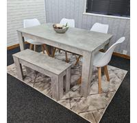 Kosy Koala Stone Grey Effect Wood Dining Table Set With Bench And 4 White Plastic Chairs Modern Dining Room Furniture