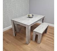 KOSY KOALA Stone Grey Effect Wooden Dining Table with 2 Grey Wood Benches Dining Room Furniture Set in Brown