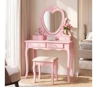 KOSY KOALA Women's Dressing Table With Mirror Stool Vanity Dresser Vanity Bedroom Pink Love Heart