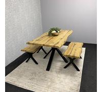 Kosy Koala Wooden Dining Table And 2 Benches Set With X-Shaped Iron Legs, Curved Edge For Dining Room In Brown Brown One Size