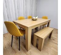 Kosy Koala Wooden Dining Table Set For 6 Oak Effect Table With 4 Mustard Gem Patterned Chairs And 1 Bench In Beige Beige 140cm x 80cm