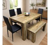 KOSY KOALA Wooden Dining Table Set for 6 - Rustic Effect Table With 4 Black Chairs & 1 Bench Dining Room Furniture in Brown