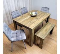 Kosy Koala Wooden Dining Table Set Of 6 Rustic Effect Table With 4 Grey Velvet Chairs And 1 Bench