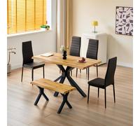 Kosy Koala Wooden Dining Table X-Shaped Legs With 4 Black Leather Chairs And Bench - Dining Kitchen Room Furniture Black One Size