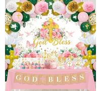 Kosydown Basic Baptism Decorations God Bless Backdrop with 3D Honeycomb Centerpieces, First Communion Bautizo Decorations Party Supplies for Girls, Christening Decor with Tablecloth Banner Balloons