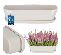 KOTARBAU® Ceramic Flower Box with Saucer 28 x 7.5 x 8 cm White Plant Pot Flower Box Planter Flower Box Balcony Plant Pots Flower Pot Herb Pot Window Sill