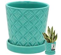 KOTARBAU® Plant Pot with Saucer, Turquoise Colour, Diameter 13 cm, Height: 15 cm, Glazed Ceramic Flower Pot, Large Plant Pot, Cactus Pot with Saucer, Planter with Saucer, Flower Pots