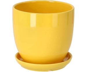 Kotarbau® Set of 2 Ceramic Flower Pot Planters for Flowers, 20 cm Diameter with Drip Tray, Yellow