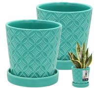 KOTARBAU® Set of 2 Plant Pots with Saucer, Turquoise Colour, Diameter 13 cm, Height: 15 cm, Glazed Ceramic Flower Pot, Large Plant Pot, Cactus Pot with Saucer, Planter with Saucer, Flower Pots