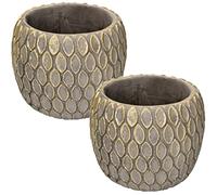 KOTARBAU Set of 2 Rustic Grey Gold Scaled Ceramic Flower Pots, Diameter 11 cm, Height 11 cm, Indoor/Outdoor Use
