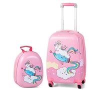 KOTEK Kids Carry On Luggage Set, 18" Hardside Rolling Suitcase with Spinner Wheels, Travel Rolling Luggage for Boys Girls, Pink, M, Pink Unicorn