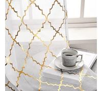 Kotile - 2 White and Gold Sheer Curtains 63 inches Long with Shiny Metallic Arched Pattern, Rod Pocket and Light Filtering, 52 x 63 inches (W x L)