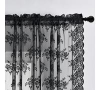 Kotile Black Lace Curtains 45 Inch Length 2 Panels, Country Rustic Floral Gothic Sheer Curtains for Kitchen Window, Rod Pocket Vintage Privacy Sheer Lace Curtain, 42 x 45 Inch Each, 1 Pair, Black