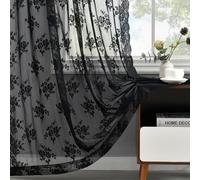 Kotile Black Lace Curtains 63 Inch Length 2 Panels, Country Rustic Floral Gothic Sheer Curtains for Halloween, Rod Pocket Vintage Privacy Sheer Lace Curtains, 42 x 63 Inch Each, 1 Pair, Black