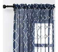Kotile Blue Moroccan Curtains for Living Room - Metallic Silver Foil Geometric Trellis Pattern Rod Pocket Window Treatment Sheer Curtains 84 Inch Length for Bedroom, 52 x 84 Inches, 2 Panels, Navy