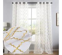 Kotile Gold White Sheer Curtains 95 Inch Length 2 Panels Metallic Foil Print Shimmer Sheer Curtains for Living Room, Grommet Privacy Light Filtering Elegant Window Curtains, W52 x L95 Inch