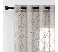 Kotile Moroccan Curtains for Living Room - Grey Sheer 84 Inch Long Print Metallic Gold Trellis Grid Eyelets Window Bedroom 52 x 2 Panels,