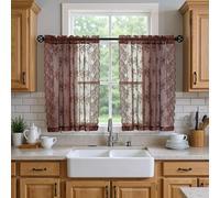 Kotile Warm Brown Sheer Kitchen Curtains 45 Inch Length 2 Panels W42 x L45 in, Dark Brown Vintage Floral Short Lace Curtains for Small Windows, Rod Pocket Privacy Light Filtering Cottage Cafe Curtain