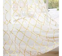 Kotile White Net Curtains for Bedroom - Metallic Gold Foil Geometirc Moroccan Tile Printed Sheer Curtains 90 Drop Eyelet Window Treament Semi Transparent Voile, 66 x 90 Inch Drop, 2 Panels