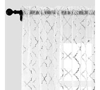 Kotile White Sheer Curtains - Silver Foil Moroccan Tile Print Rod Pocket Window Curtains - 84 Inches Long for Bedroom, 2 Panels