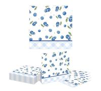 Kotkiddy 20 Pieces Blueberry Cocktail Napkins Disposable Paper Napkins for Drinks with Blue Striped Checkered Summer Blueberry Fruit Birthday Items
