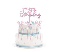 Kotkiddy Bow Cake Decorator Ribbon Cake Topper with Happy Birthday Sign Coquette Theme Party Vintage Cake Topper for Heart Cake Vintage Cake (Pink)