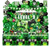 KOTLMIGHT 9th Green Birthday Decorations for Boys, 148Pcs Video Game level 9 Party Supplies for Boy 9th Birthday - Backdrop, Banner, Balloons, Tablecloth, Centerpieces, Hanging Swirls, Wall Signs