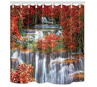 KOTOM Waterfall Shower Curtain, Waterfall Stream in Red Forest Nature Shower Curtain Set with 12 Hooks Bathroom Decorative Curtains Mildew Resistant Waterproof Fabric Shower Curtains 69x70Inches