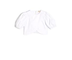 Koton Crop Blouse Asymmetric Cut Back Button Closure Short Puff Sleeve Cotton Blouse,