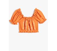 Koton Crop Blouse Ruffle Embroidered Shirred Detail Short Sleeve Blouse,