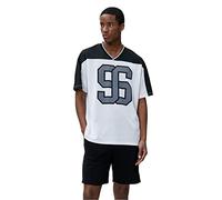 Koton Men's Oversized T-Shirt Varsity Printed V Neck Multicoloured Short Sleeve, White (000), M