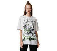 Koton Women's Crew Neck Short Sleeve Far East Printed T-Shirt, Ecru (010), XL