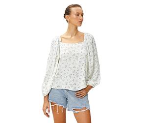 Koton Women's Floral Blouse Square Neck Puff Sleeve Blouse, Grün Gemustert (7d5),