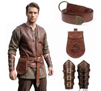 KOTORA Medieval Renaissance Leather Costume Set - Viking Belt, Dragon Belt Pouch, Bracers for LARP, Cosplay & Ren Faire, Brown, One size