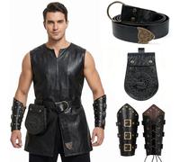 KOTORA Medieval Renaissance Leather Costume Set - Viking Belt, Dragon Belt Pouch, Bracers for LARP, Cosplay & Ren Faire, Black, One size