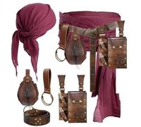 KOTORA Pirate Costume Pirate Head Scarf Bandanas Belt Waist Sash Medieval Belt Pouch Coin Purse Leather Hook Festival Sets (Phoenix-Brown)