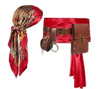 KOTORA Pirate Costume Pirate Head Scarf Bandanas Belt Waist Sash Medieval Belt Pouch Coin Purse Leather Hook Festival Sets (Pattern-Red 2Pouch)