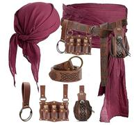 KOTORA Pirate Costume Pirate Head Scarf Bandanas Belt Waist Sash Medieval Belt Pouch Coin Purse Leather Hook Festival Sets (Pattern02 Brown)