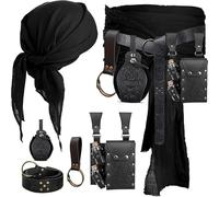 KOTORA Pirate Costume Pirate Head Scarf Bandanas Belt Waist Sash Medieval Belt Pouch Coin Purse Leather Hook Festival Sets (Phoenix-Black)