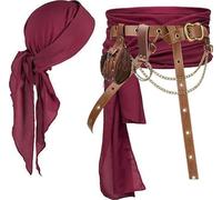 KOTORA Pirate Costume Pirate Head Scarf Bandanas Belt Waist Sash Medieval Belt Pouch Coin Purse Leather Hook Festival Sets (Chain-Brown)