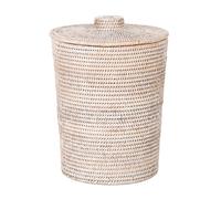 Kouboo La Jolla Rattan Round Plastic Insert & Lid, Dorm Waste Basket, Bedroom, Living Room, Bathroom Basket for Dry Organic, Home Decor, Large White-Wash