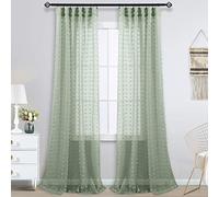 KOUFALL 2 Panels Boho Curtains 84 Inches Long for Living Room Bedroom Sage Green Decor Pom Pom Design Sheer Pattern Window Treatments Curtain with Back Tab Rod Pocket,52x84 in Length