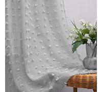 KOUFALL Curtains for Living Room Back Rod Loops Pompoms Fluffy Furry Textured Sheer Curtains for Bedroom Boho Kids Room 2 Panels 52x84 Inch Long, Light Grey